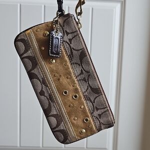 Coach Signature Brown and Tan Wristlet Leather, Suede, Gold Accents